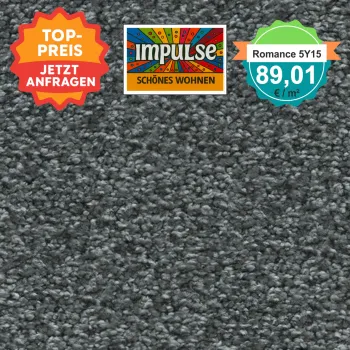 Teppichmuster mit Label „Impulse WOLFSBURG“ und Badge „Romance 5Y15 – 89,91 €/m²“